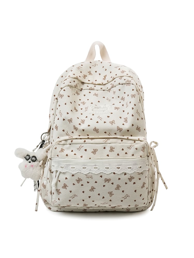 Bow and Heart Print Kids Backpack with Lace Trim