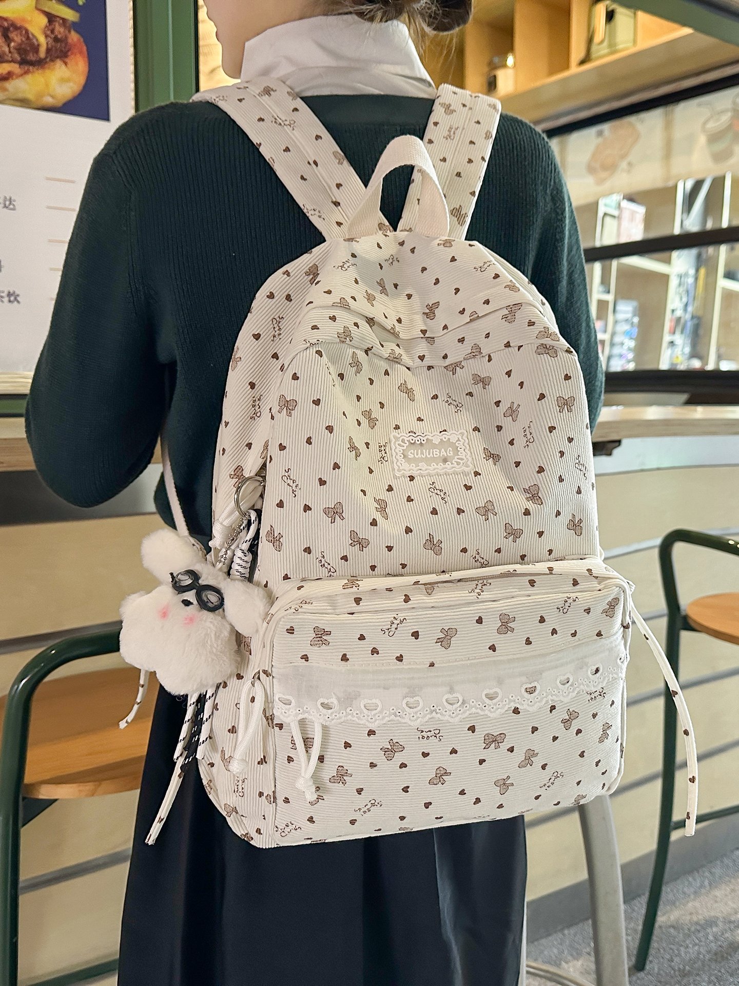 Bow and Heart Print Kids Backpack with Lace Trim