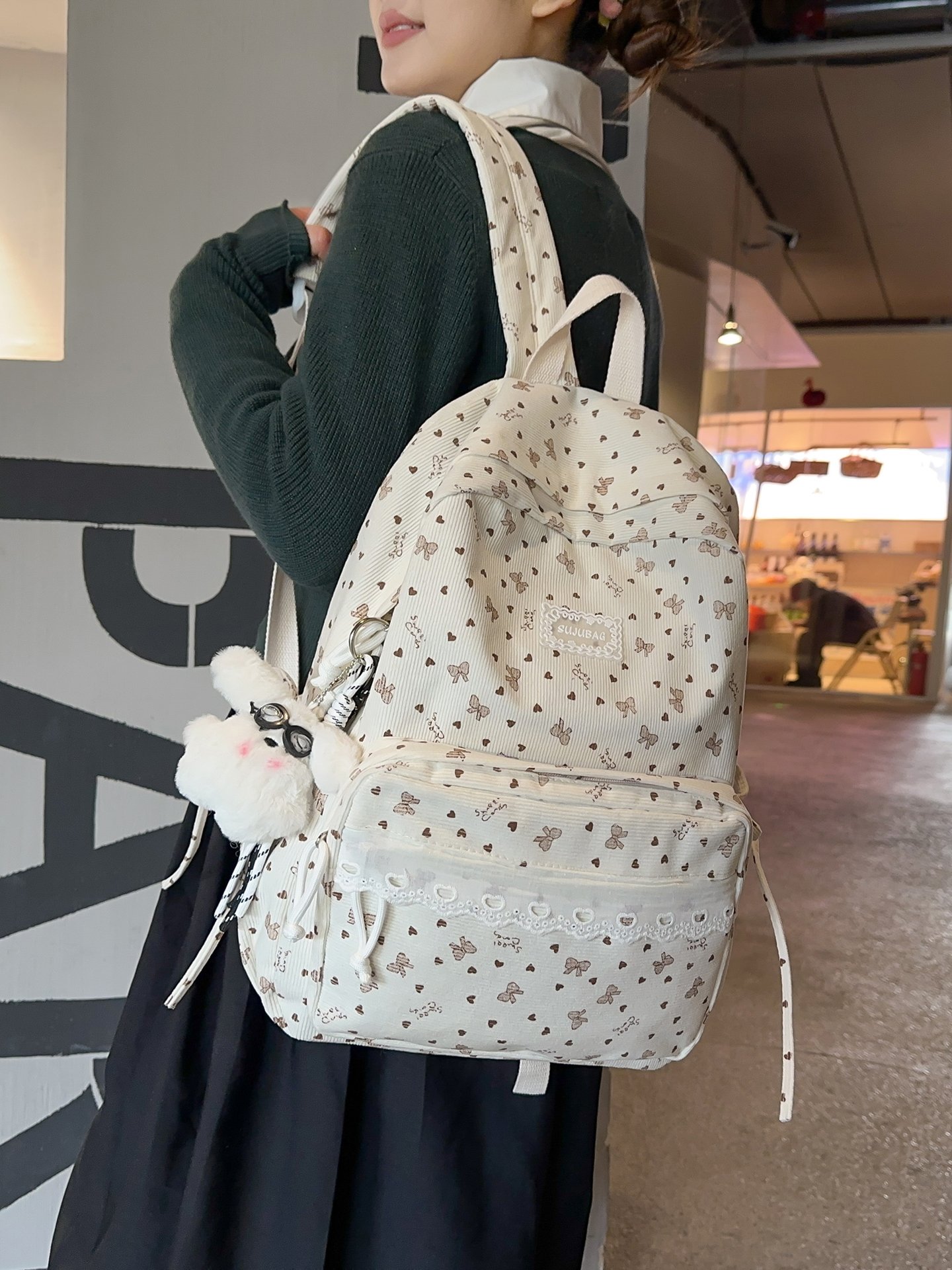 Bow and Heart Print Kids Backpack with Lace Trim