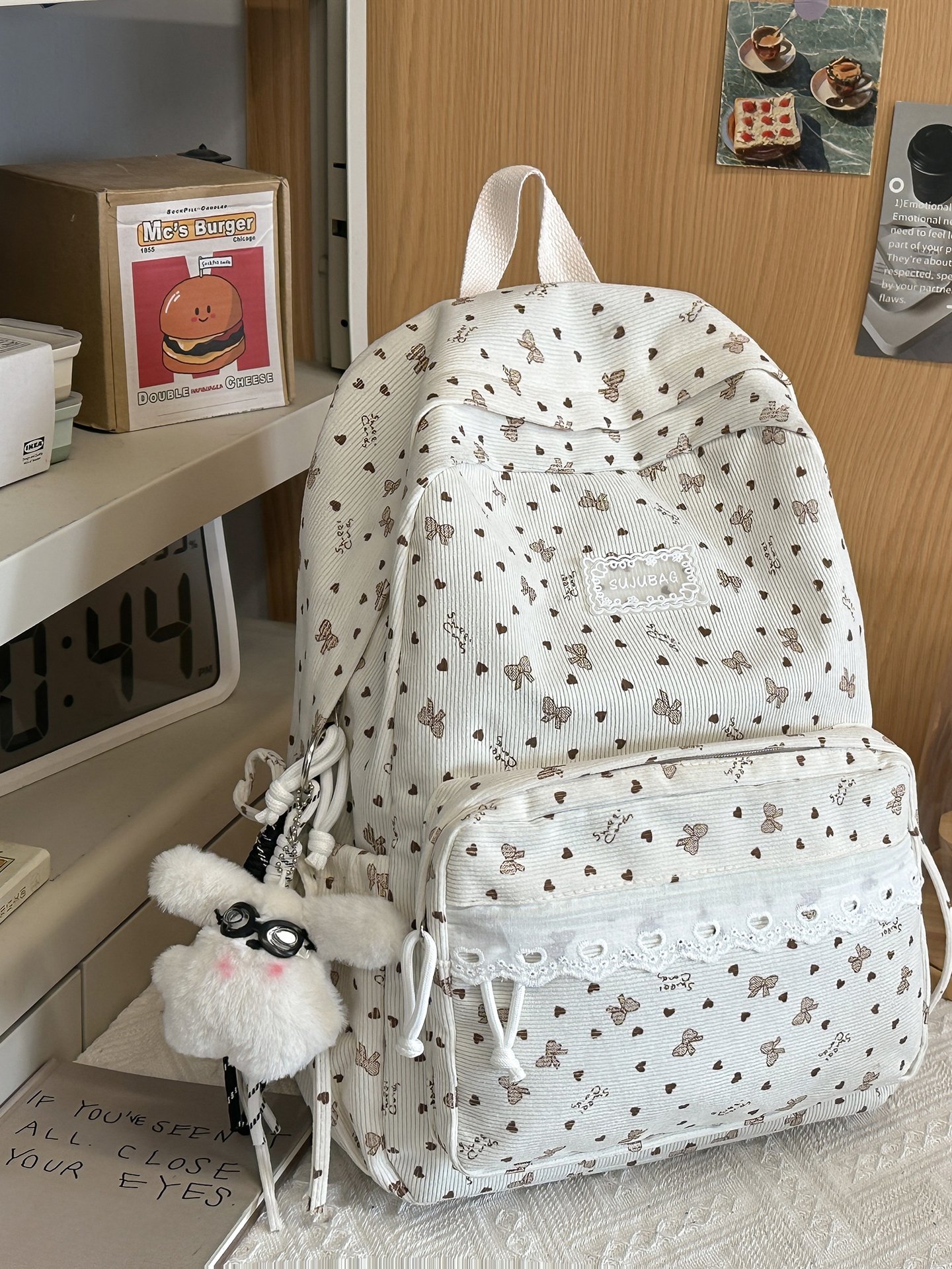 Bow and Heart Print Kids Backpack with Lace Trim