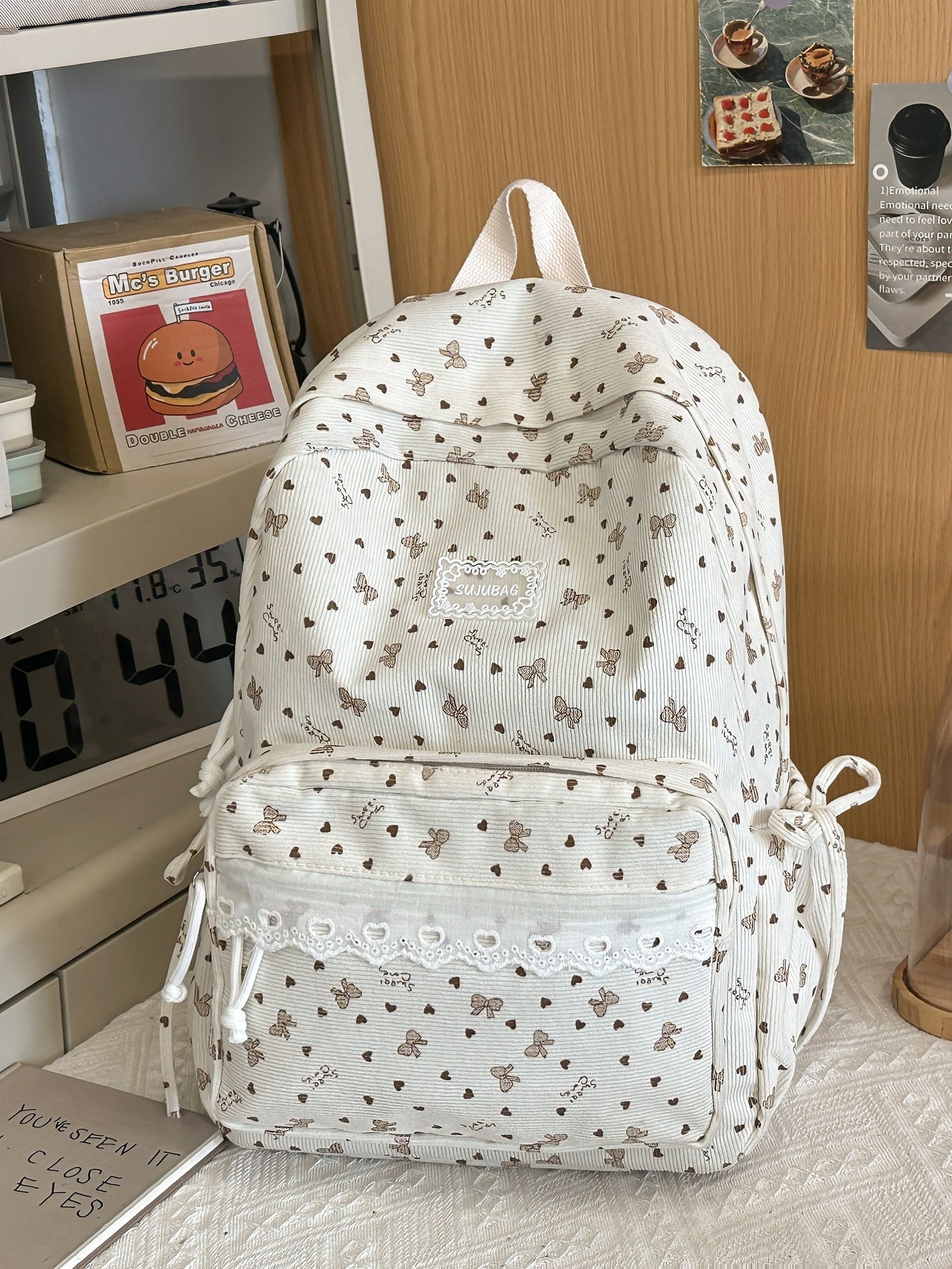 Bow and Heart Print Kids Backpack with Lace Trim