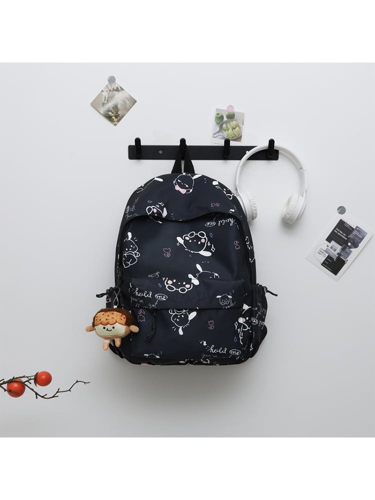 Black Printed Polyester Backpack with Zip Detailing