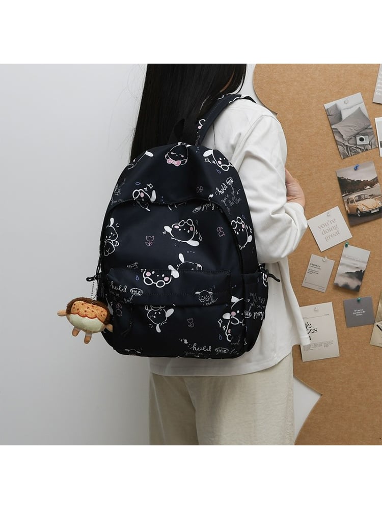 Black Printed Polyester Backpack with Zip Detailing