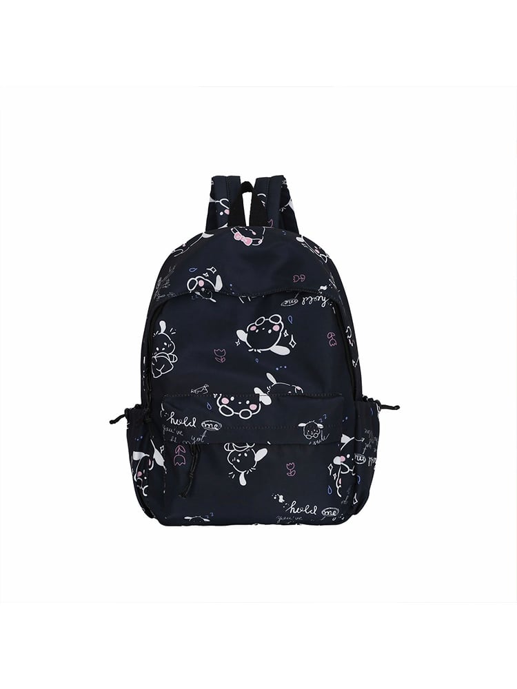 Black Printed Polyester Backpack with Zip Detailing
