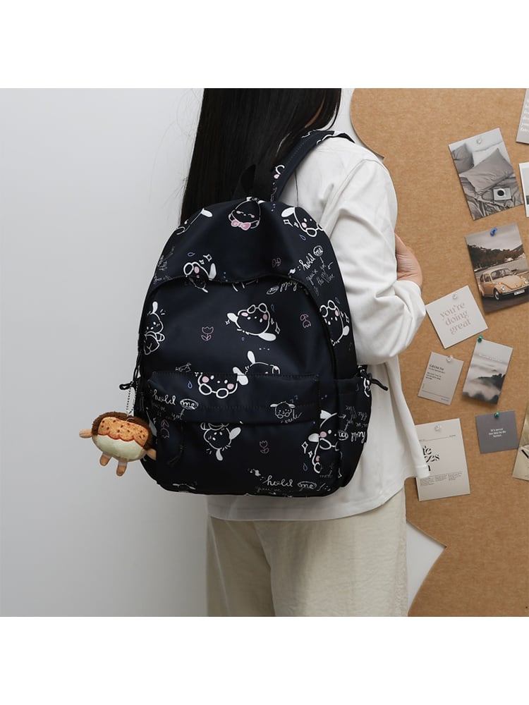 Black Printed Polyester Backpack with Zip Detailing