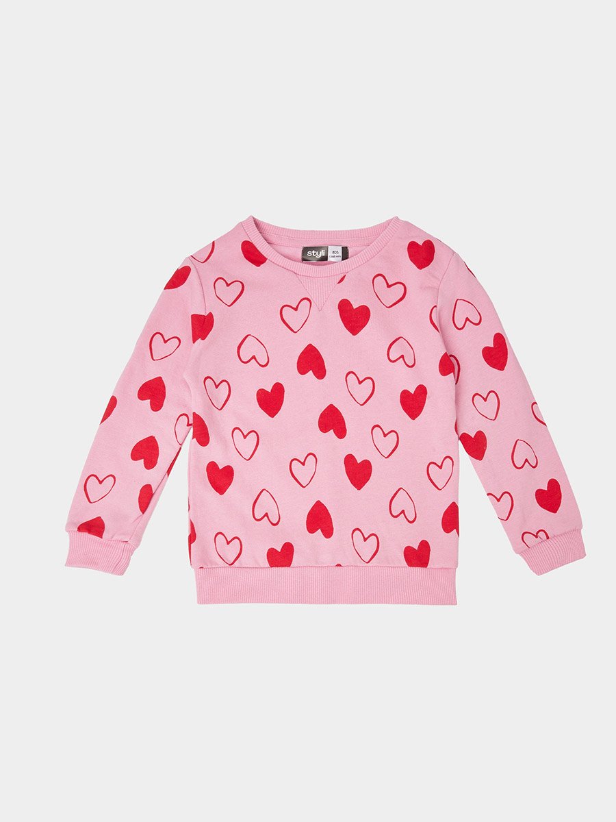Baby Girl Pink All Over Heart Print Cotton Sweatshirt