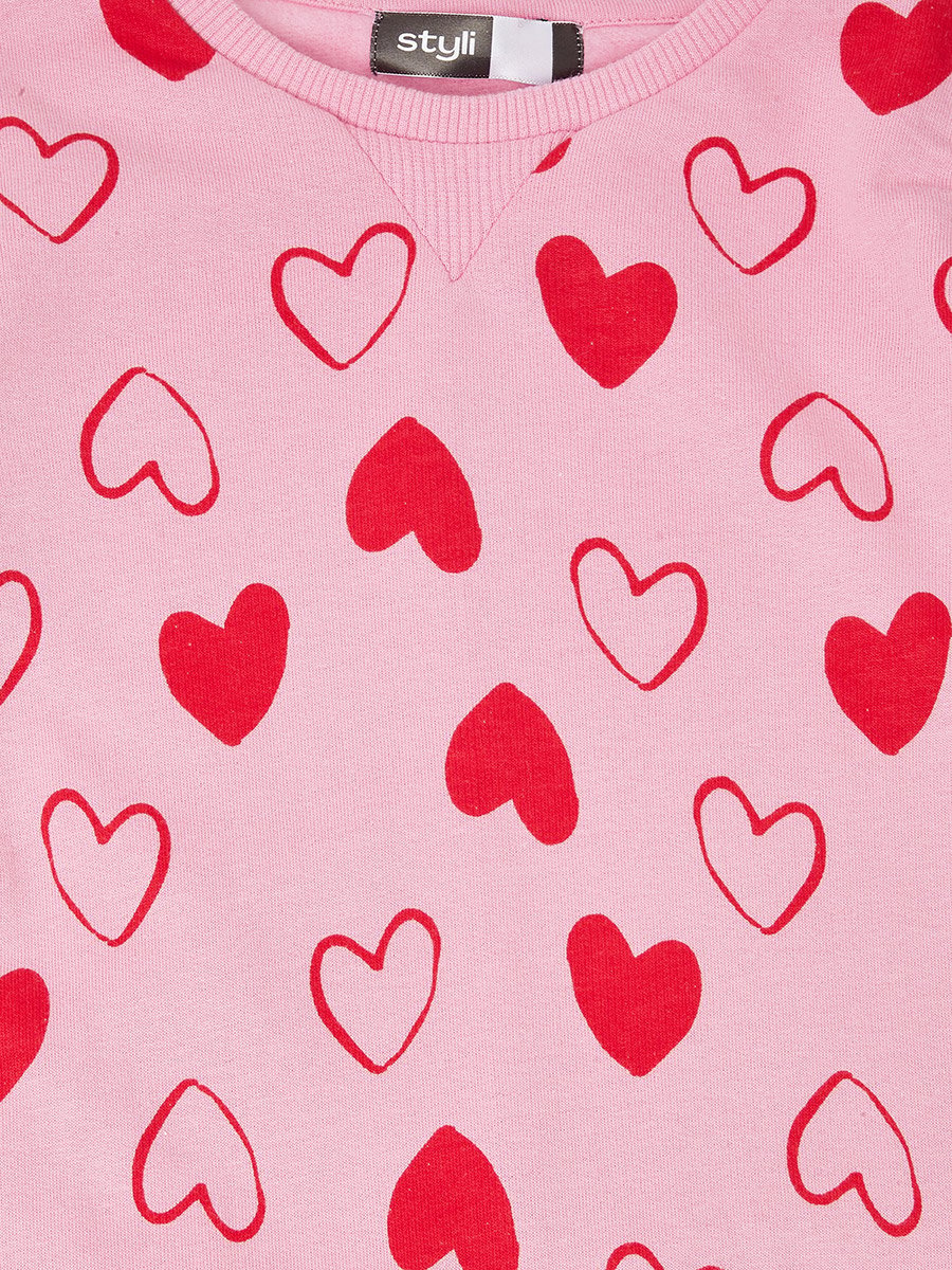 Baby Girl Pink All Over Heart Print Cotton Sweatshirt