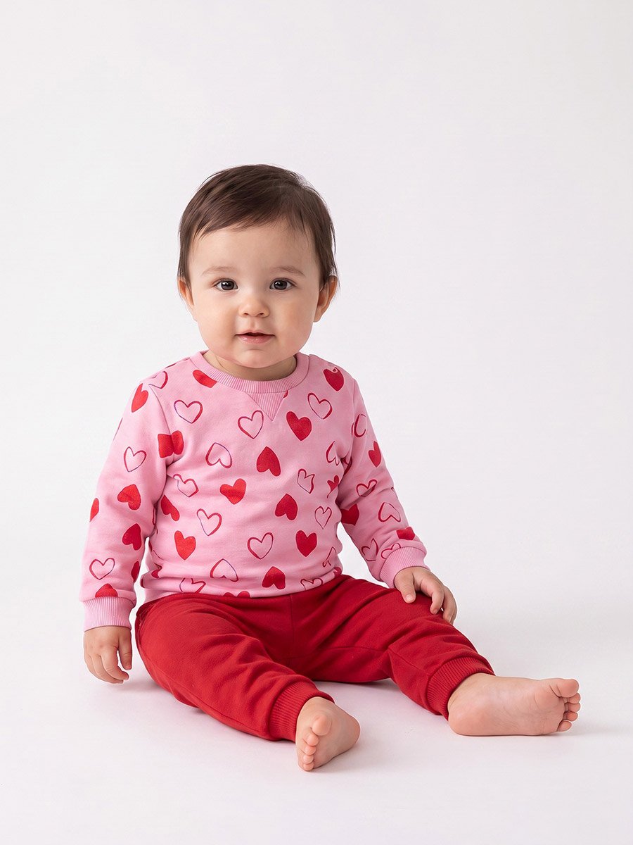Baby Girl Pink All Over Heart Print Cotton Sweatshirt