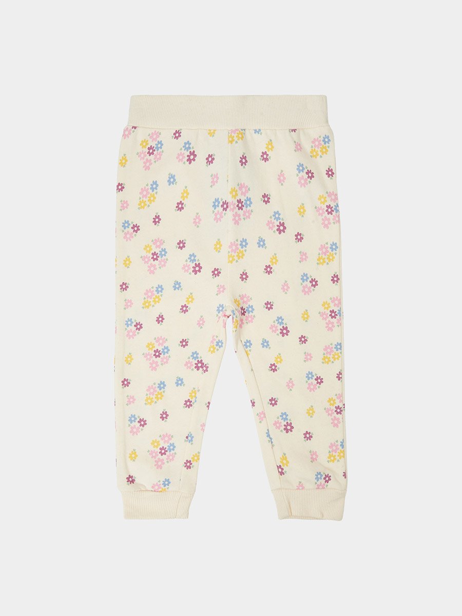 Baby Girls Off White Floral Print Cotton Joggers