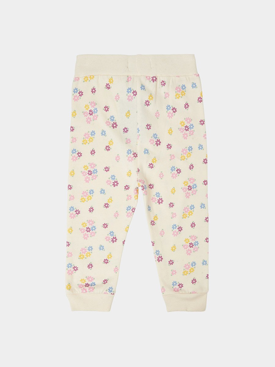 Baby Girls Off White Floral Print Cotton Joggers