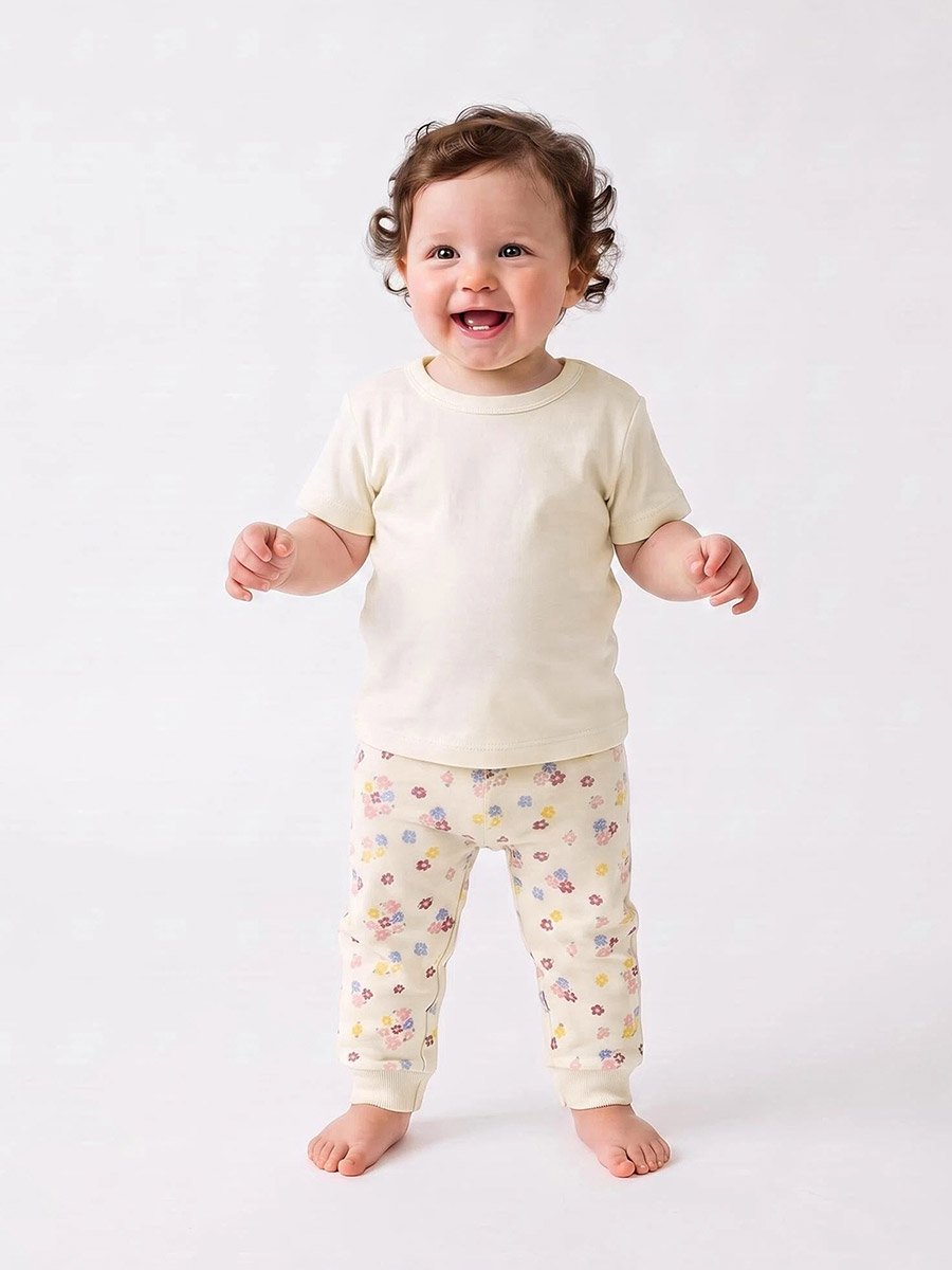 Baby Girls Off White Floral Print Cotton Joggers