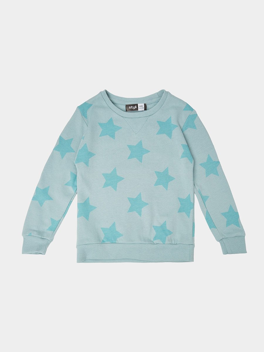 Baby Girl Green All Over Star Print Cotton Sweatshirt
