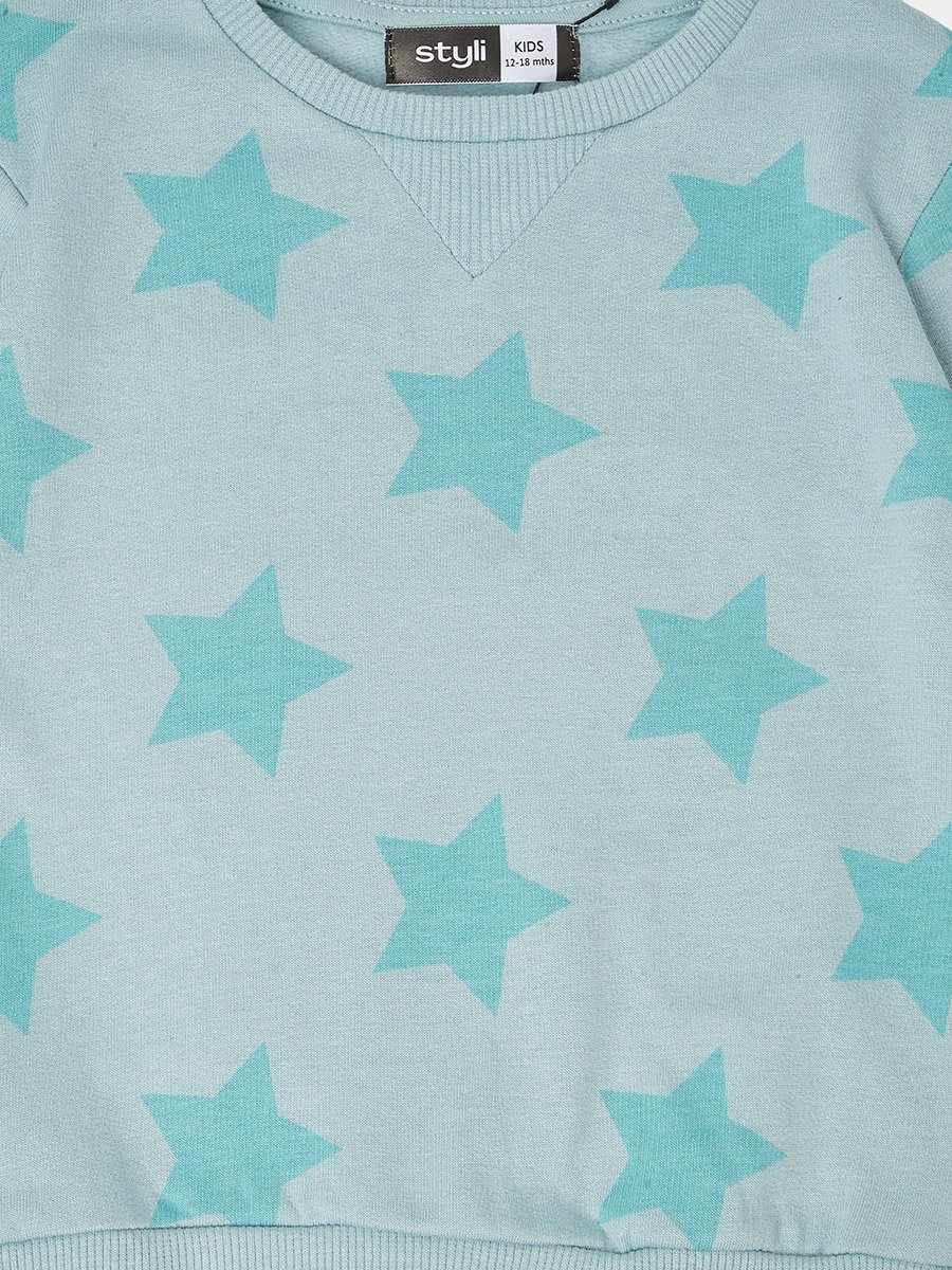 Baby Girl Green All Over Star Print Cotton Sweatshirt