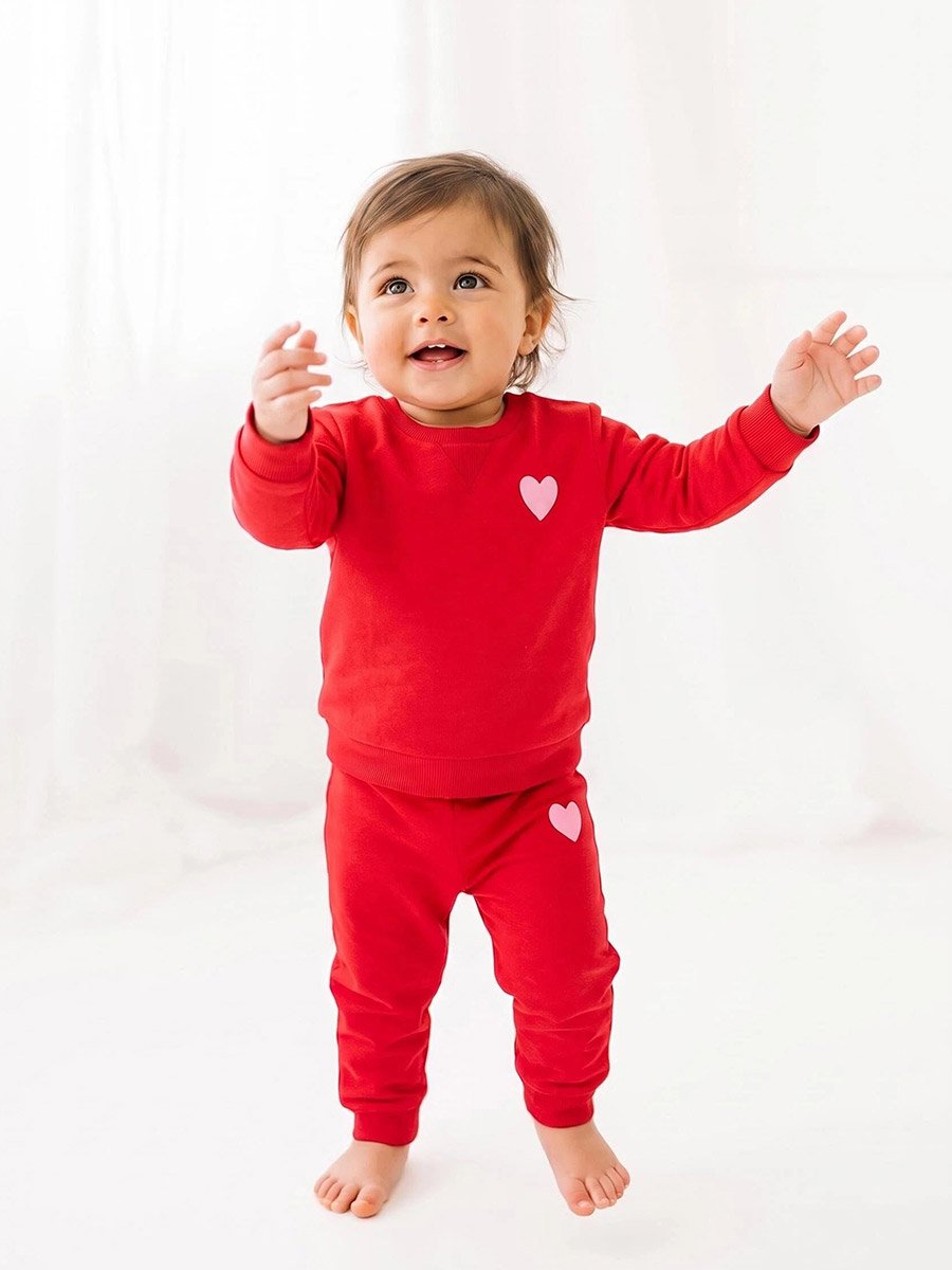 Baby Girl Red Heart Print Full Length Joggers
