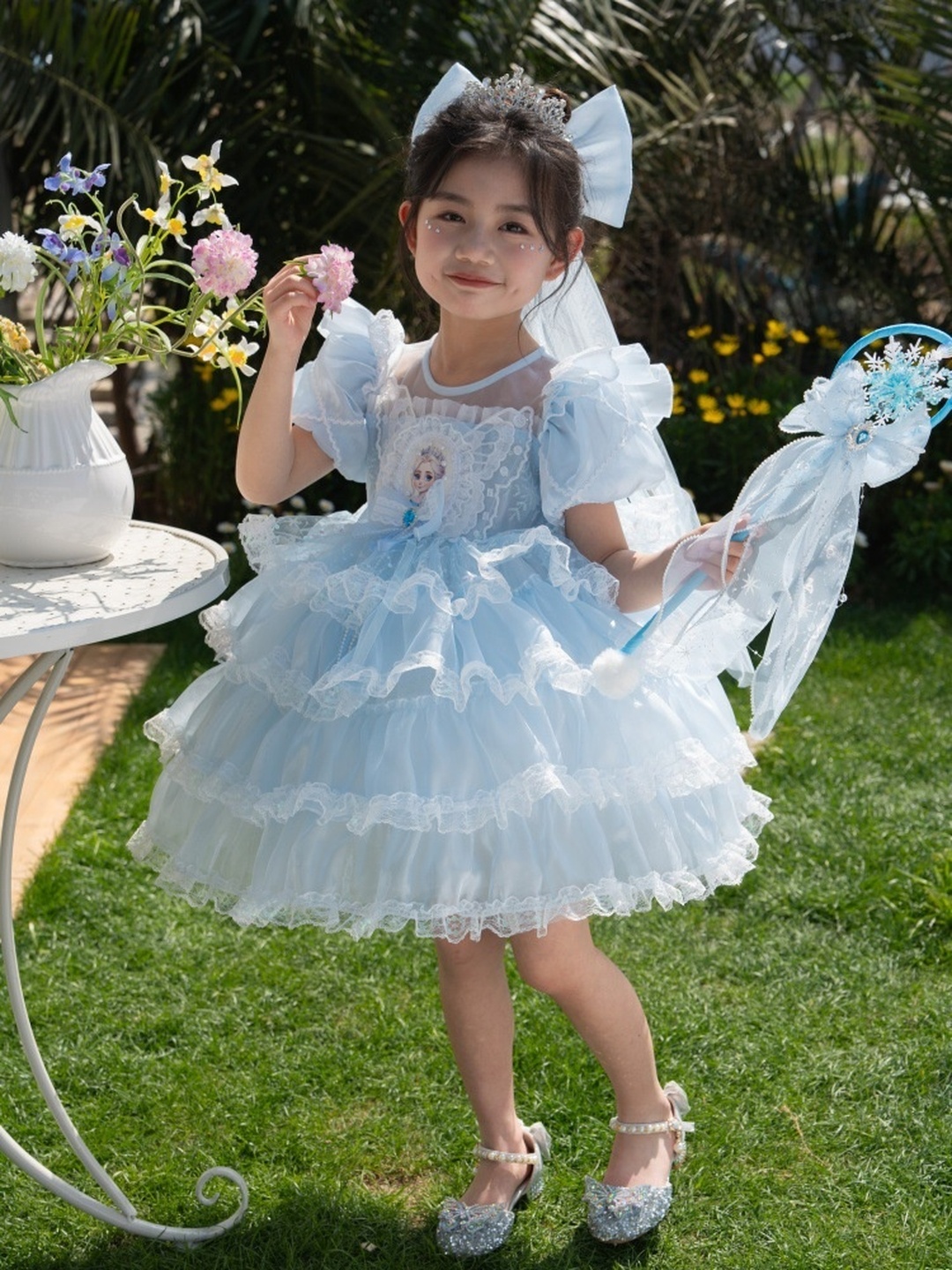 Girls Frozen Elsa Princess Costume Puffy Gauze Dress