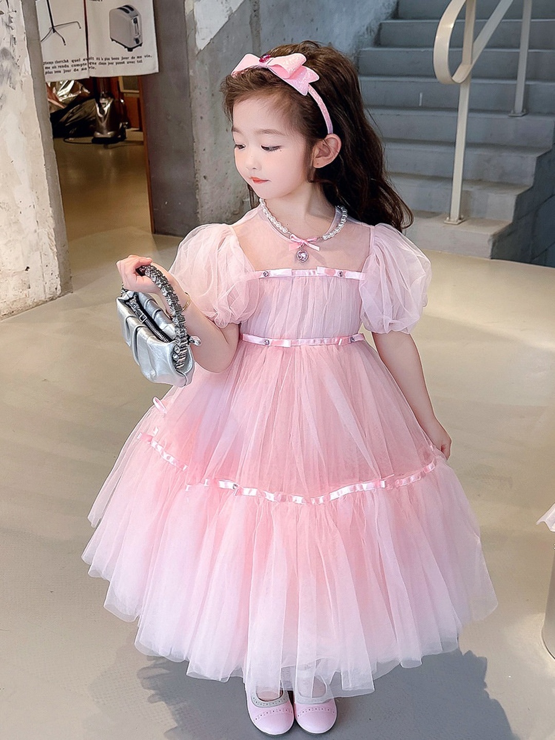 Girls Puff Sleeve Mesh Insert Dress