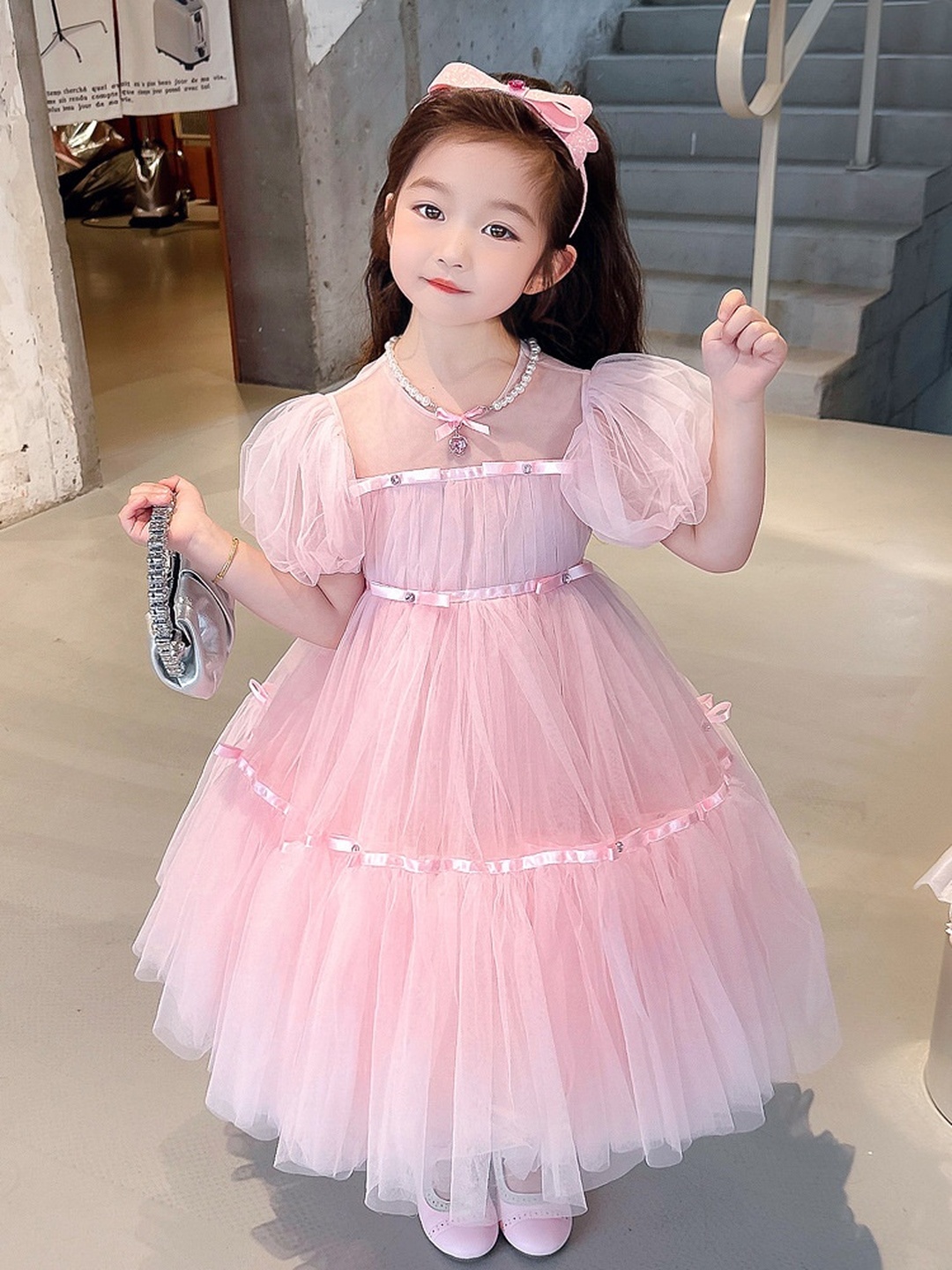 Girls Puff Sleeve Mesh Insert Dress