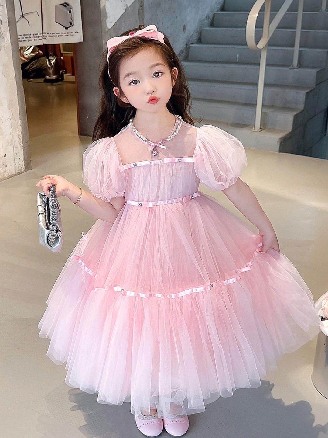Girls Puff Sleeve Mesh Insert Dress