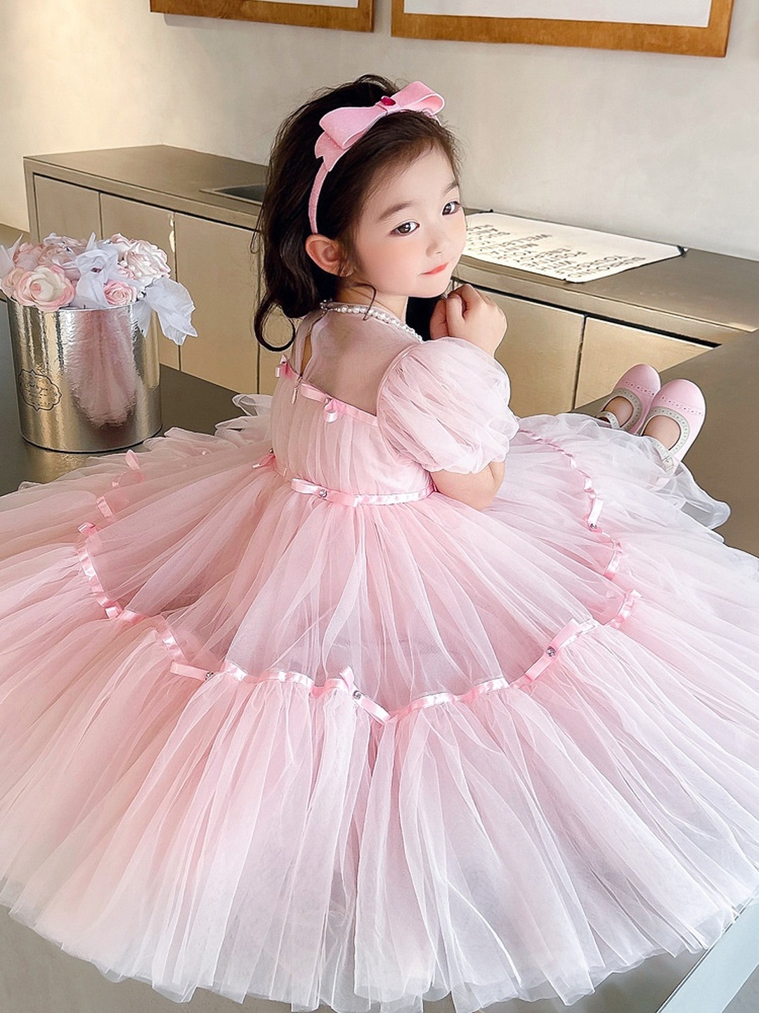 Girls Puff Sleeve Mesh Insert Dress