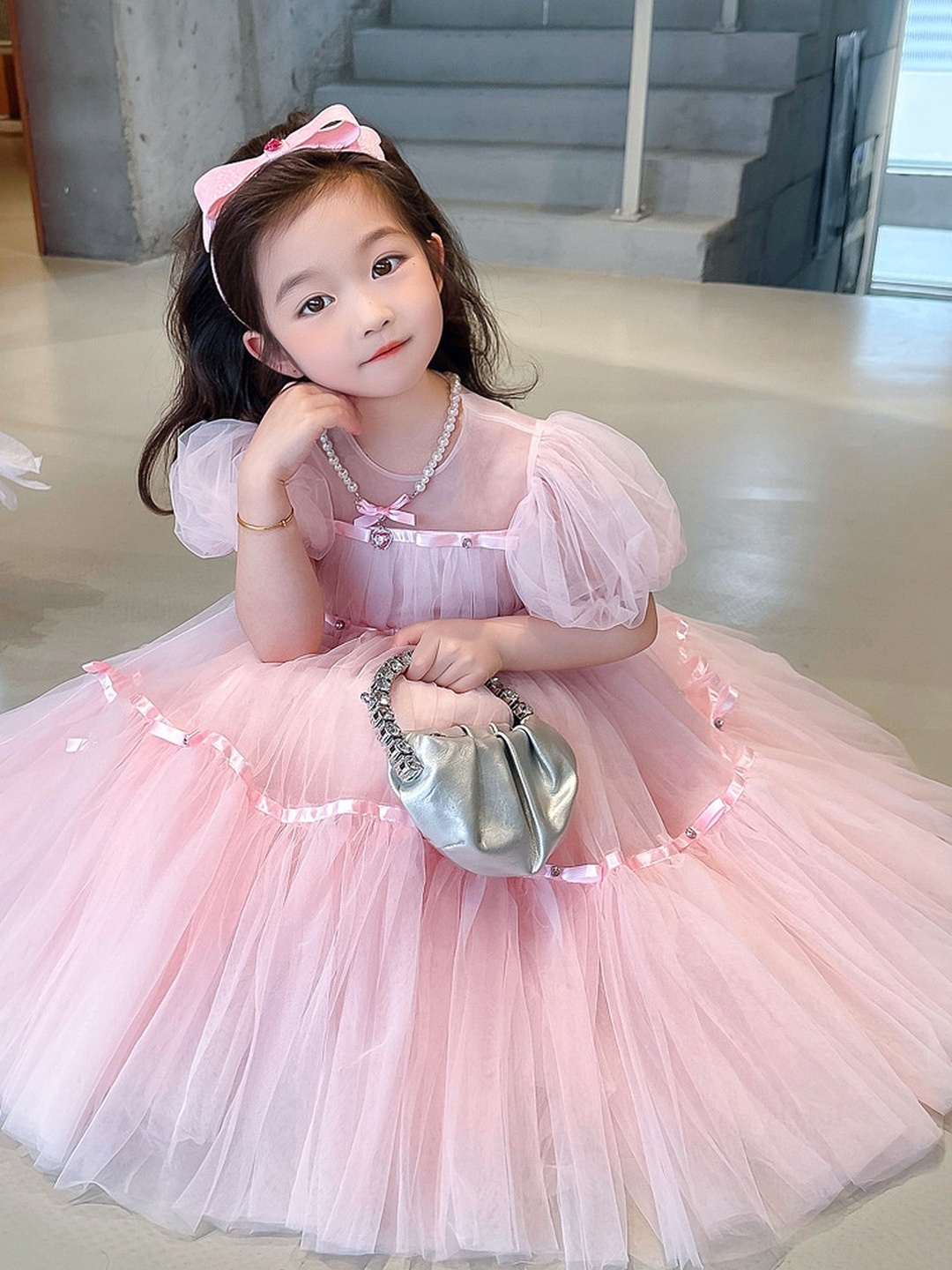 Girls Puff Sleeve Mesh Insert Dress