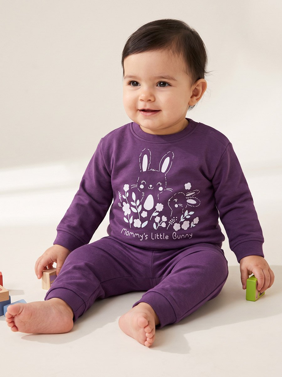 Baby Girls Purple Bunny Cotton Sweatshirt with Shoulder Snap