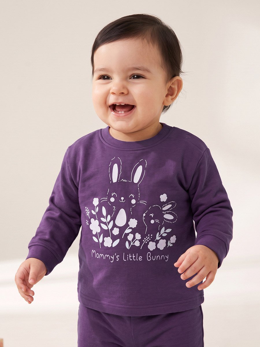 Baby Girls Purple Bunny Cotton Sweatshirt with Shoulder Snap