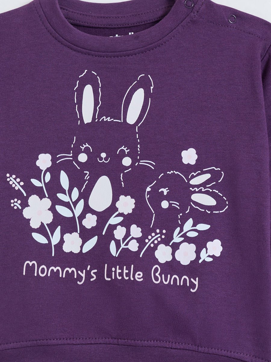 Baby Girls Purple Bunny Cotton Sweatshirt with Shoulder Snap