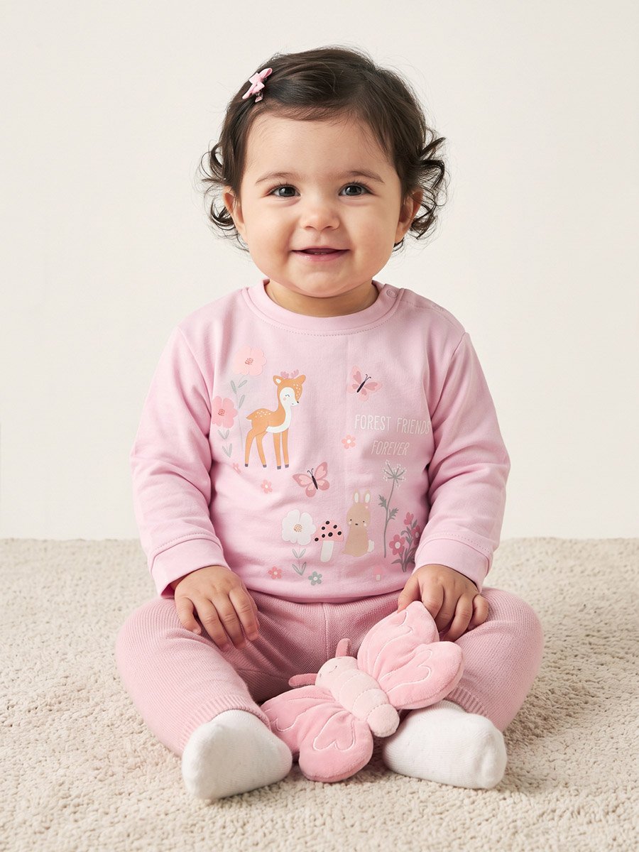 Baby Girls Pink Cotton Graphic Sweatshirt with Shoulder Snap