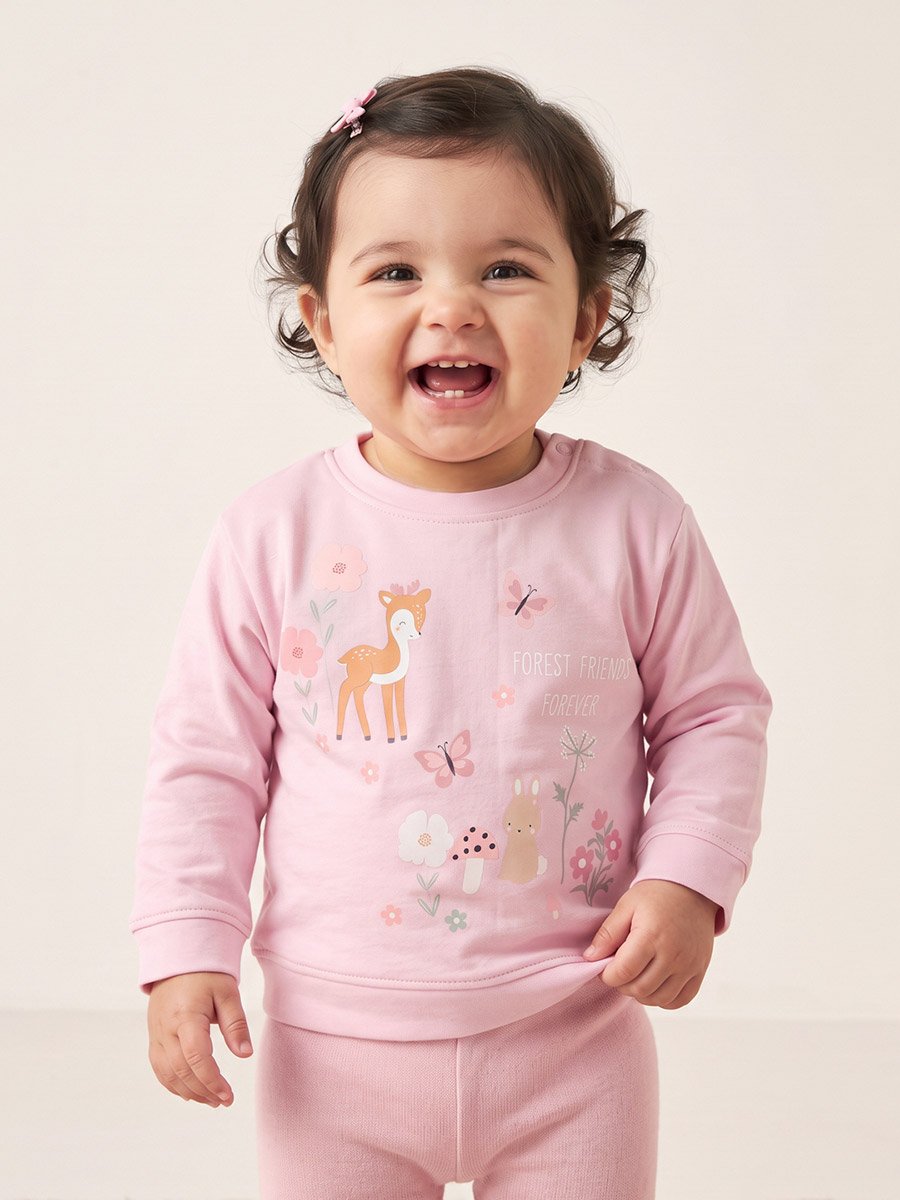 Baby Girls Pink Cotton Graphic Sweatshirt with Shoulder Snap