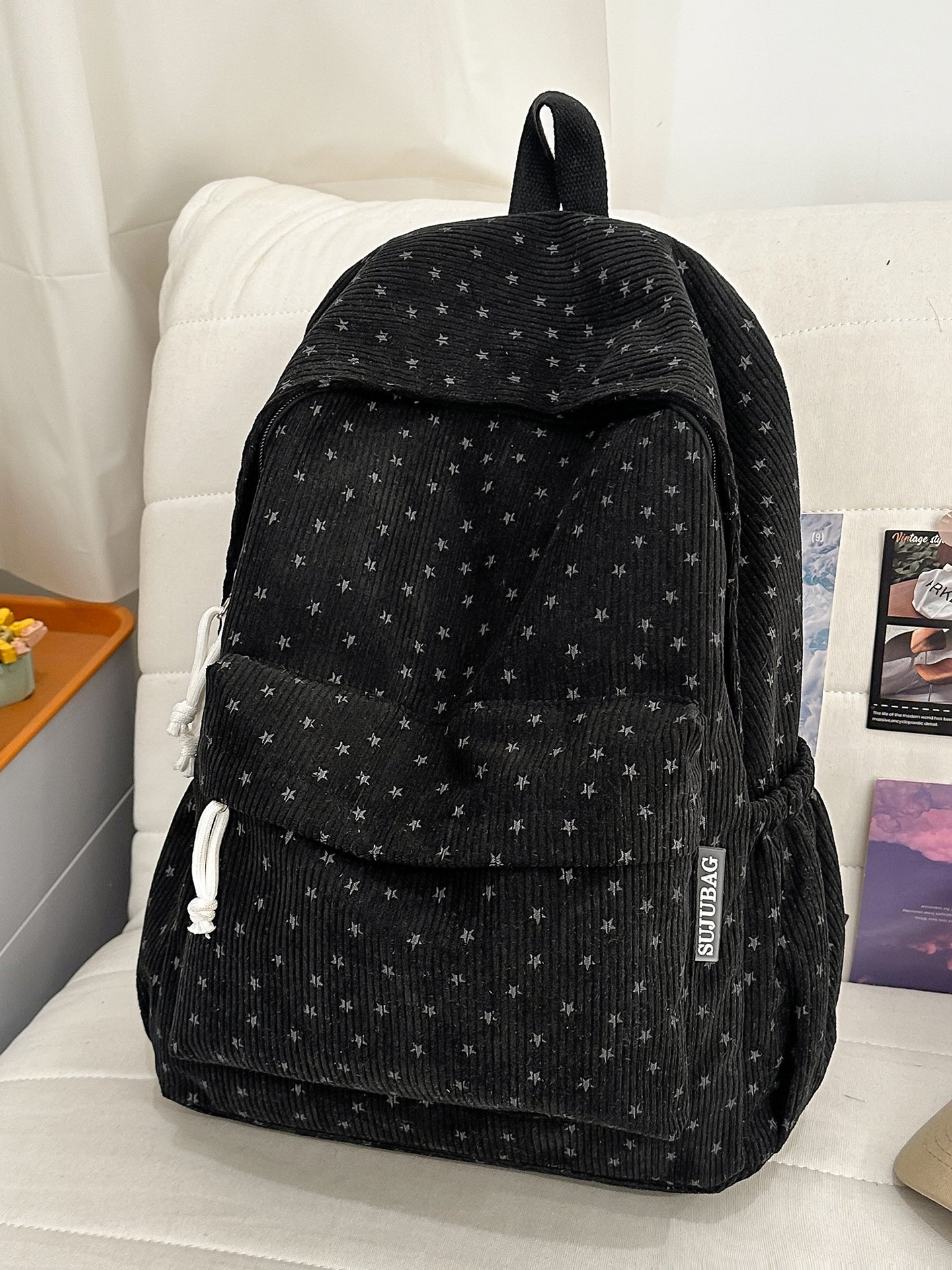 Black Corduroy Star Print Backpack
