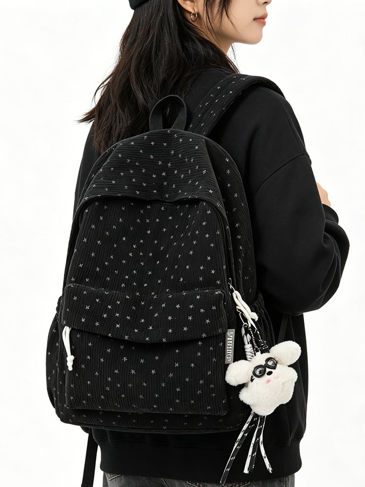 Black Corduroy Star Print Backpack