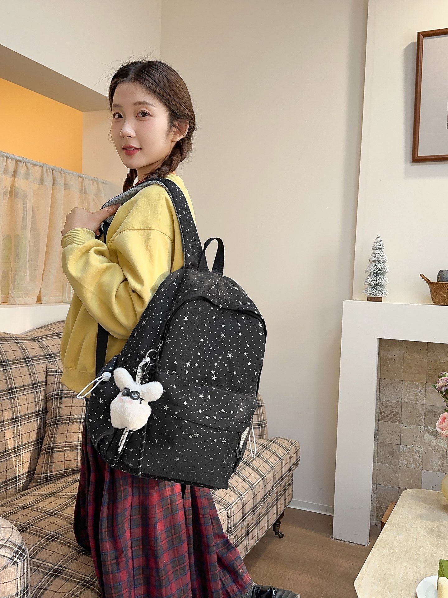 Black Star Print Nylon Backpack