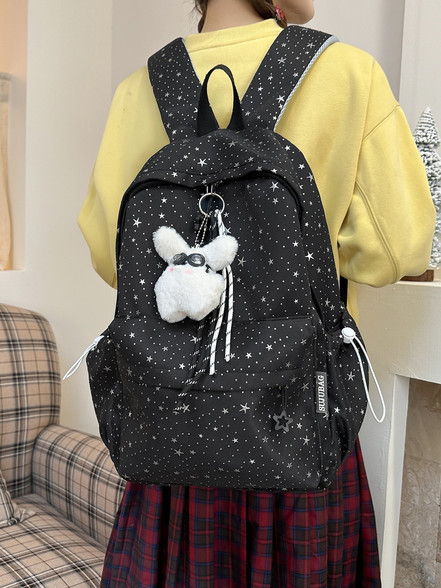 Black Star Print Nylon Backpack