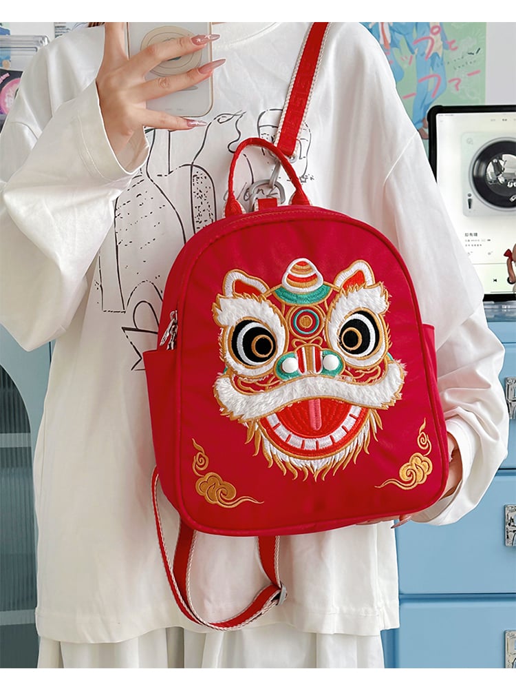 Kids Red Nylon Lion Dance Backpack