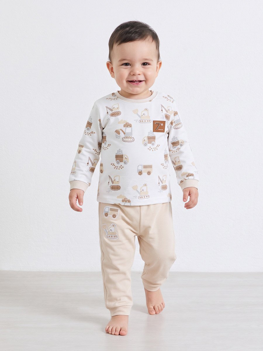 Baby Boy Beige Cotton Printed Long Sleeve T-Shirt and Joggers Set