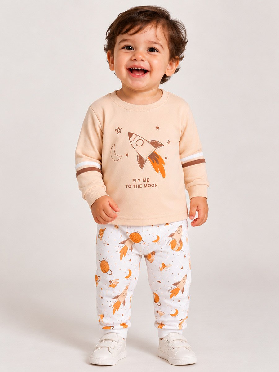 Baby Boy Beige Rocket Print Cotton T-Shirt and Joggers Set