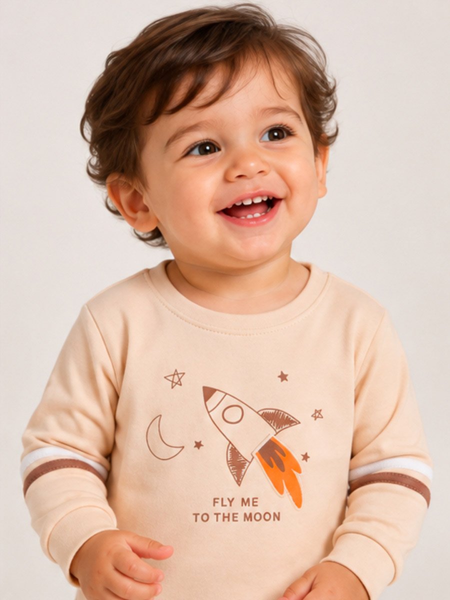 Baby Boy Beige Rocket Print Cotton T-Shirt and Joggers Set