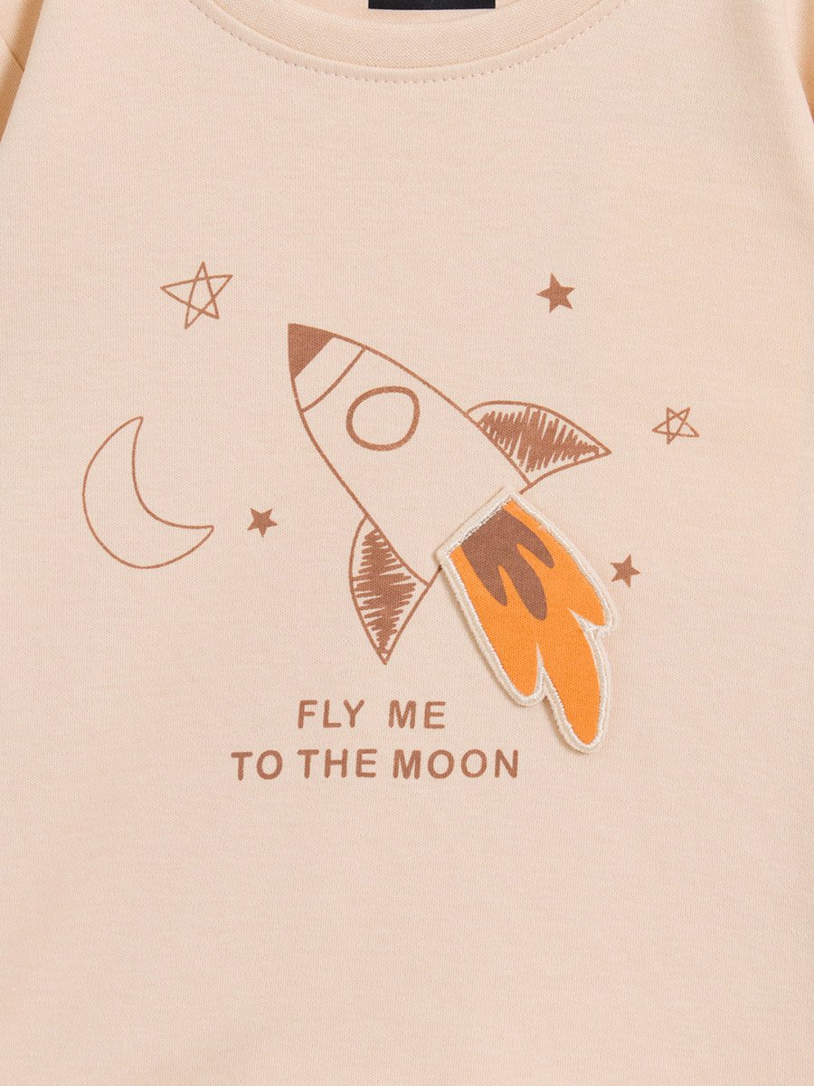 Baby Boy Beige Rocket Print Cotton T-Shirt and Joggers Set