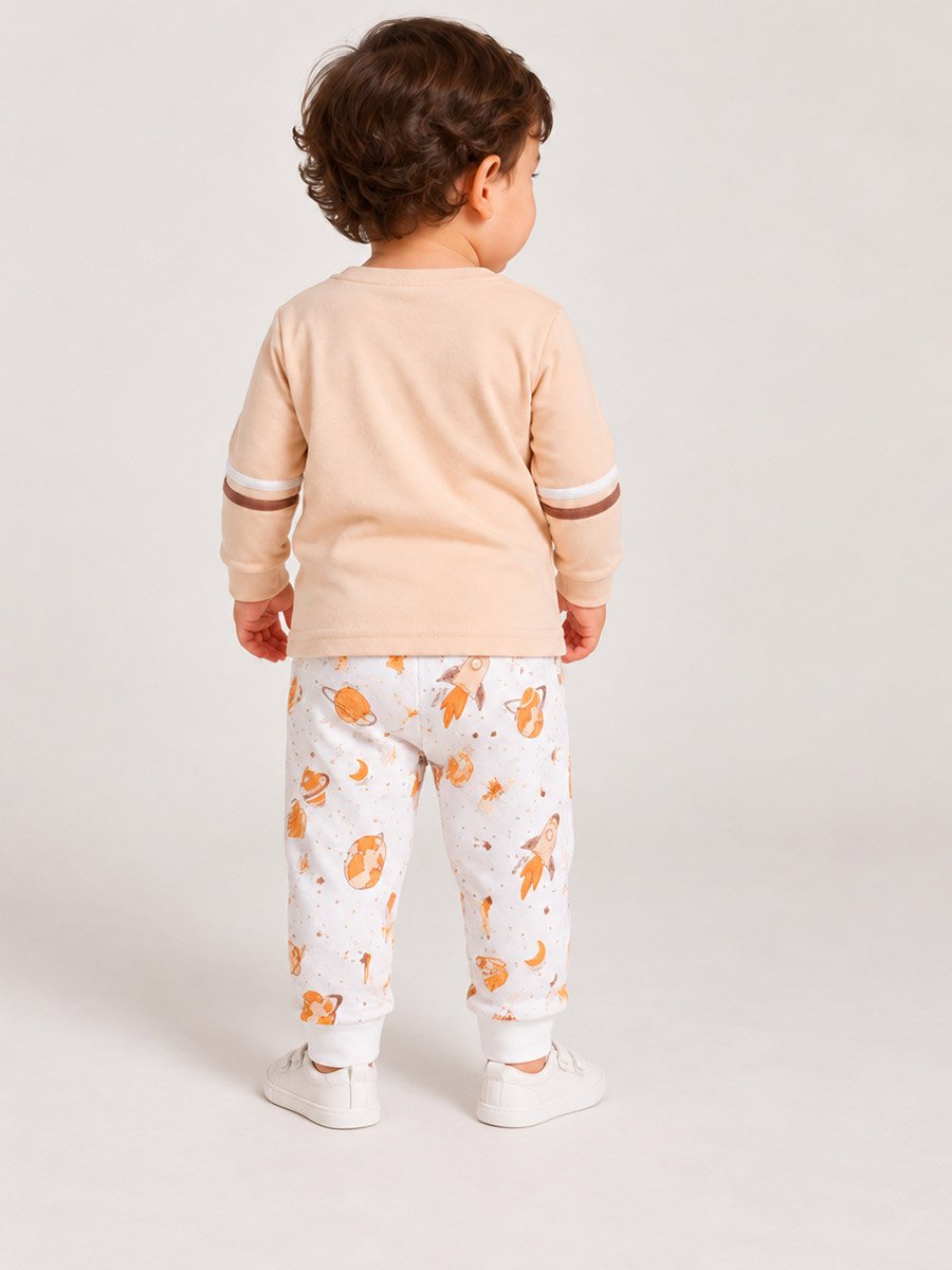 Baby Boy Beige Rocket Print Cotton T-Shirt and Joggers Set