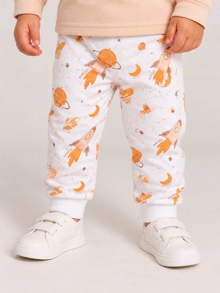 Baby Boy Beige Rocket Print Cotton T-Shirt and Joggers Set