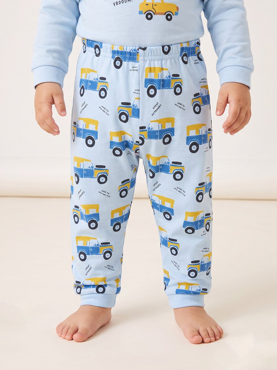Baby Boys Blue Cotton Car Print T-Shirt and Joggers Set