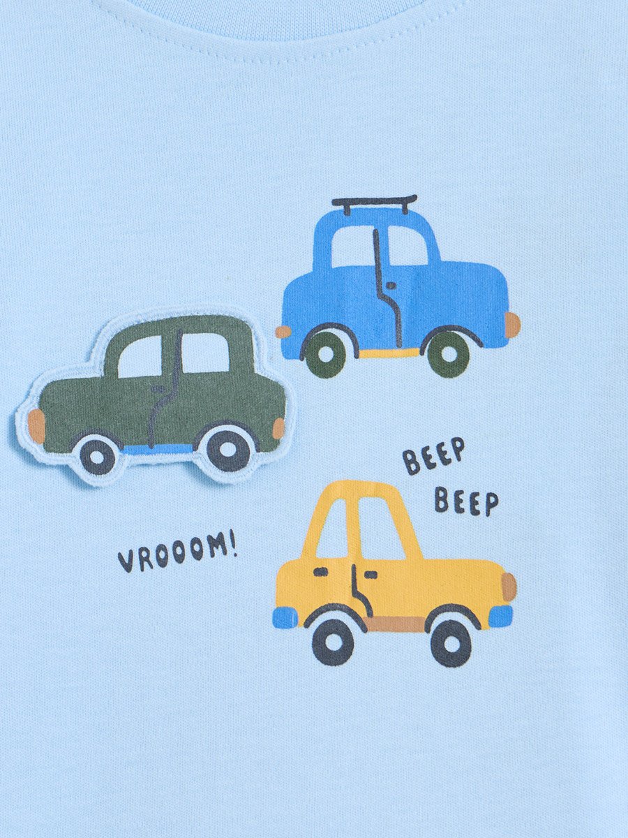 Baby Boys Blue Cotton Car Print T-Shirt and Joggers Set