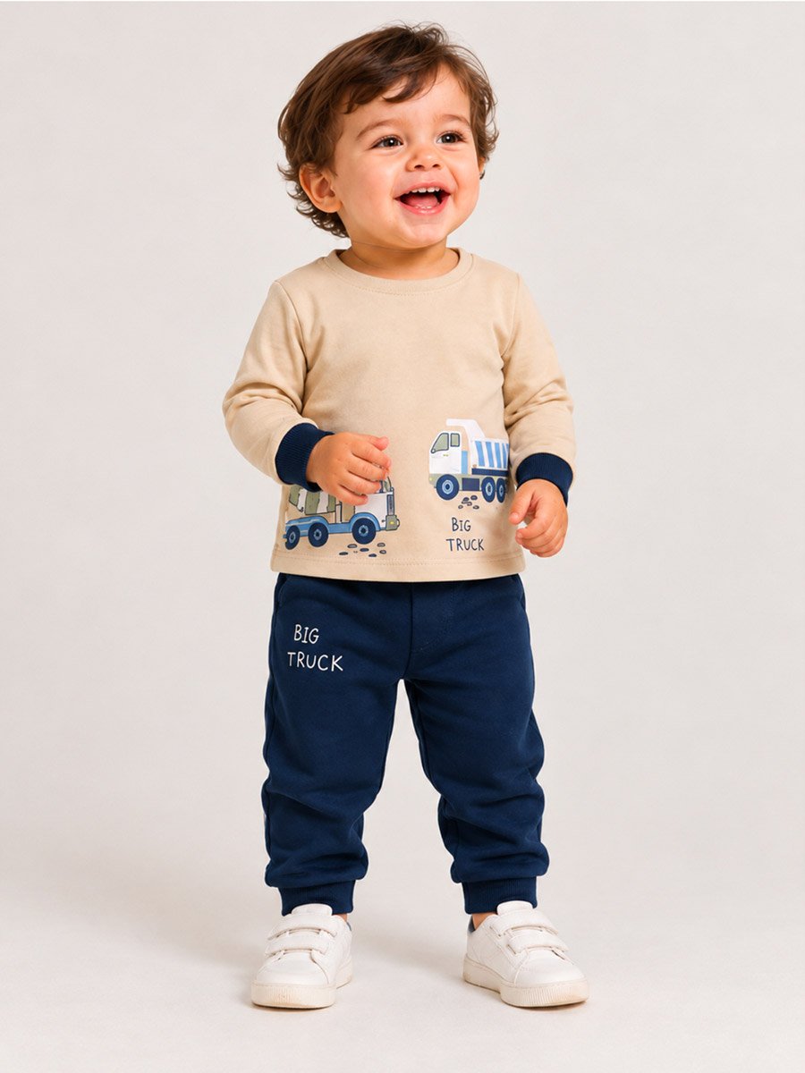 Baby Boy Beige Graphic Cotton T-Shirt and Joggers Set
