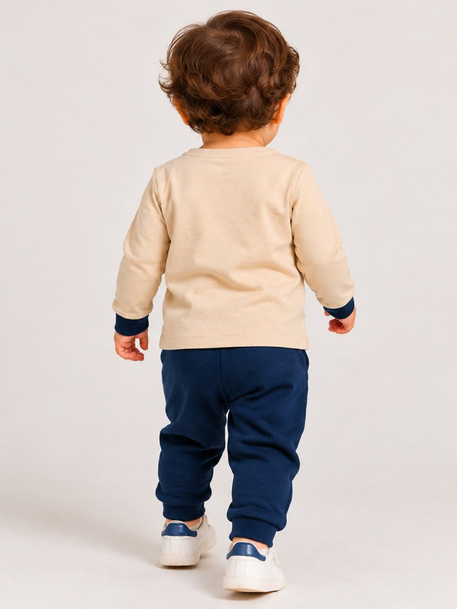 Baby Boy Beige Graphic Cotton T-Shirt and Joggers Set