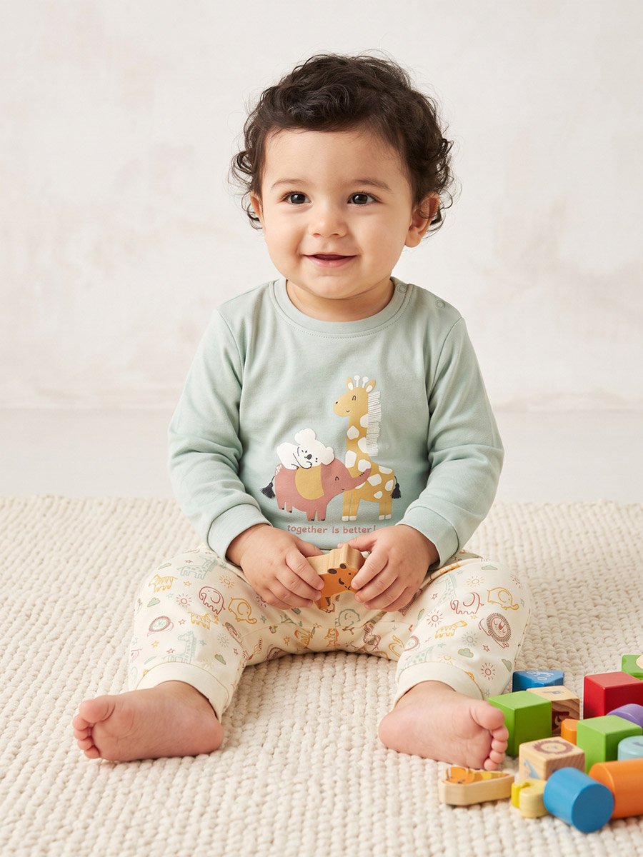 Baby Green Cotton Printed T-shirt and Joggers Set