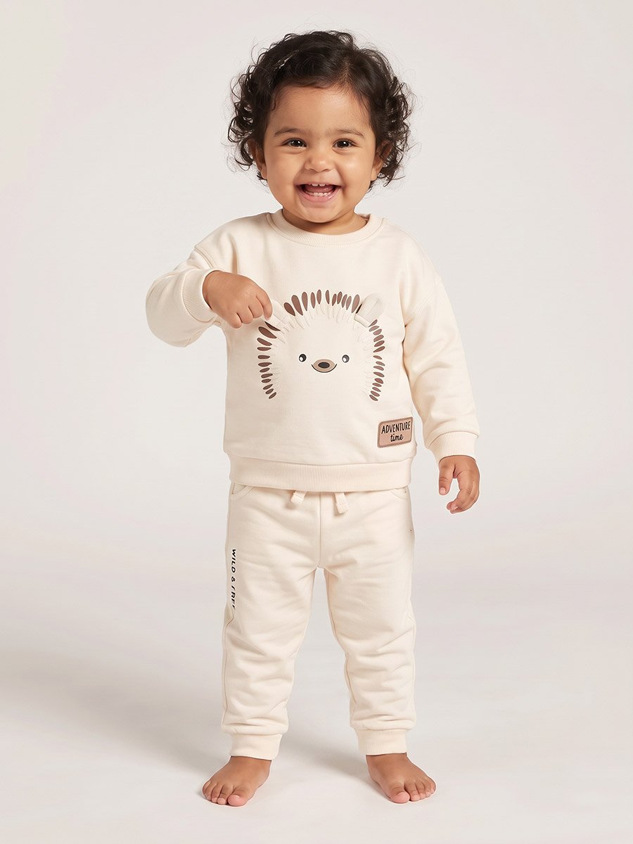Baby Beige Cotton Round Neck Sweat Top and Joggers Set