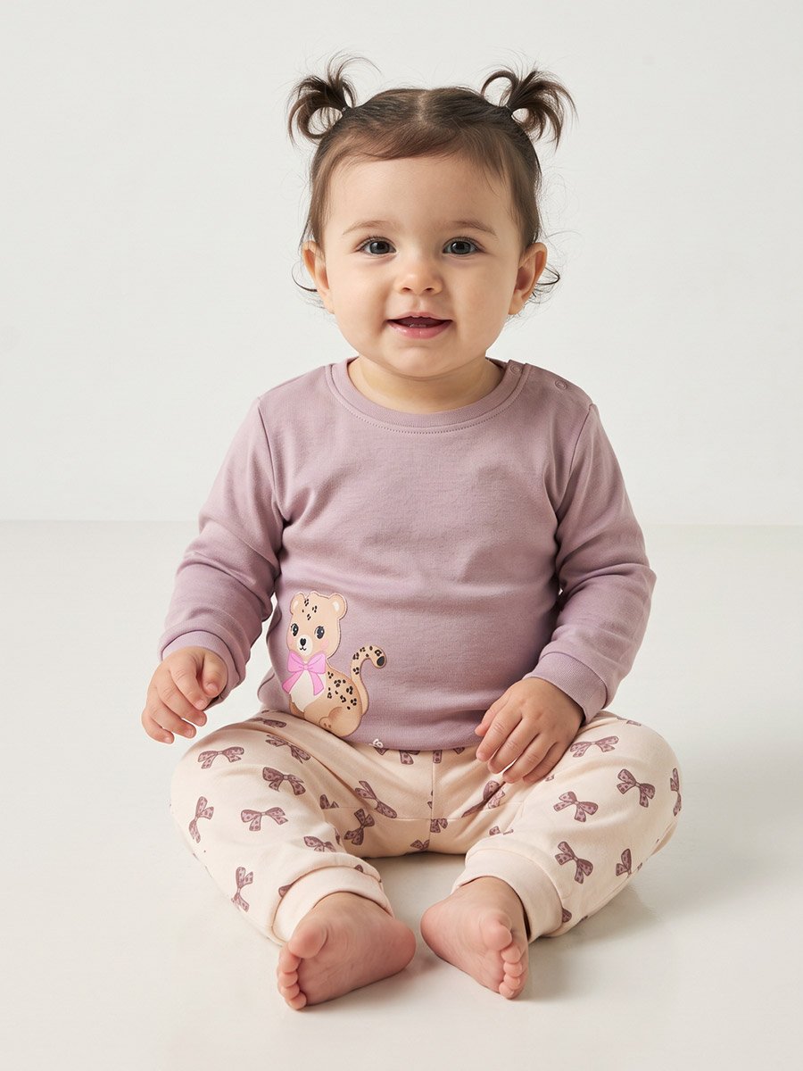 Baby Girl Purple Cotton Long Sleeve Top and Printed Bow Pants Set