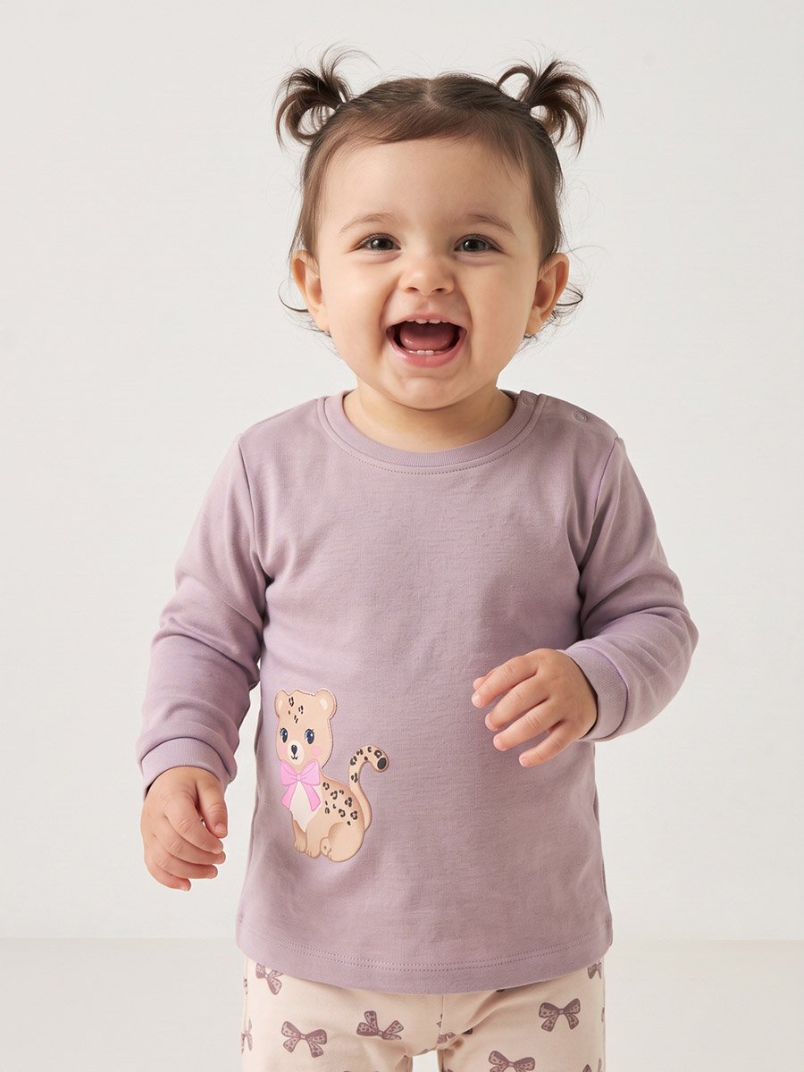 Baby Girl Purple Cotton Long Sleeve Top and Printed Bow Pants Set