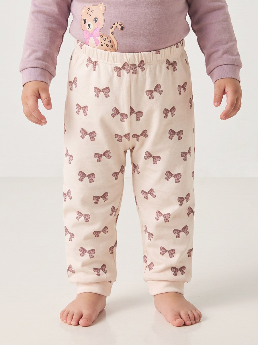 Baby Girl Purple Cotton Long Sleeve Top and Printed Bow Pants Set