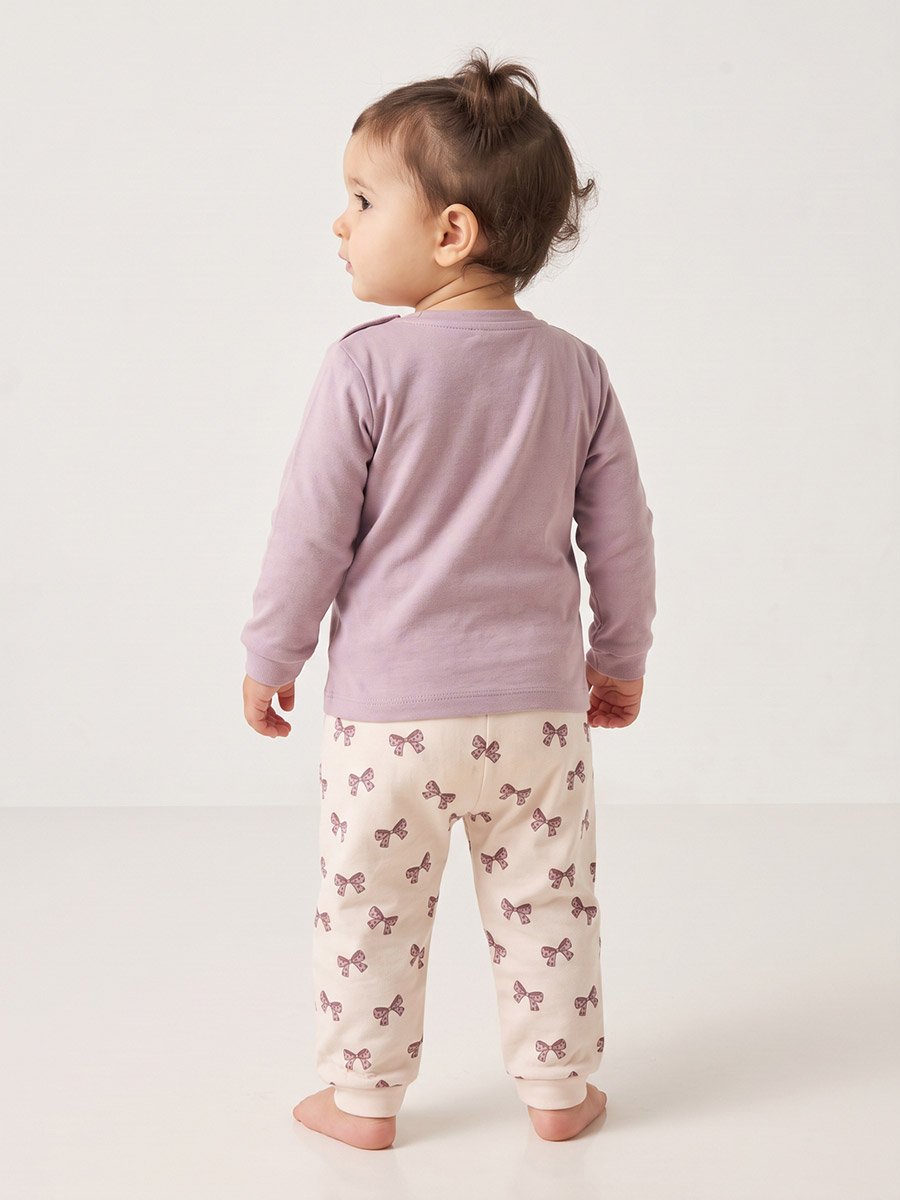 Baby Girl Purple Cotton Long Sleeve Top and Printed Bow Pants Set